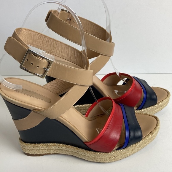 Longchamp Finca Louisa Wedge Espadrille Red Blue Sandals 39 US 8.5 Resortwear - Picture 3 of 15